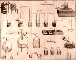 Wissenschaftliche Ausrüstung, aus Die Elemente der Chemie von Antoine Laurent de Lavoisier, graviert von D.Lizars, 1796