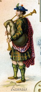 Schottischer Mann. Ausgabe der Pariser Lithografie, Ende des 19. Jahrhunderts. Serie von 25 Werbechromos für die Dijon-Fabrik von Biscuits Pernot, gegründet 1869. (Detail) der Figuren in traditioneller Tracht