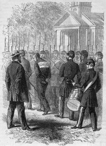Sezessionskrieg (1861-1865) oder Amerikanischer Bürgerkrieg: Bestrafung eines Soldaten der Nordarmee, der des Feiglings im Kampf beschuldigt wird. Mit gefesselten Händen und einem „Feigling“-Schild auf dem Rücken durchquert er das Lager im Trommelklang. Gr von French School