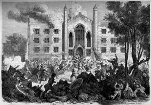Sezessionskrieg oder Amerikanischer Bürgerkrieg (1861-1865) - New York - Juli 1863: Widerstand gegen die Einberufung, Aufständische setzen das Waisenhaus der Farbigen in New York City während der „Draft Riots“ in Brand. Gravur in „Le Monde Illustré“ Nr. 33 von French School
