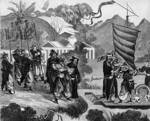 Zweiter Opiumkrieg zwischen Frankreich und England und China (1858-1860): Chinesische Karikatur des Konflikts. Ein Boot ist bereit, die Küste unter dem spöttischen Blick einer Gruppe von Chinesen zu erreichen. An Bord des Bootes zwei Figuren, die Frankreic