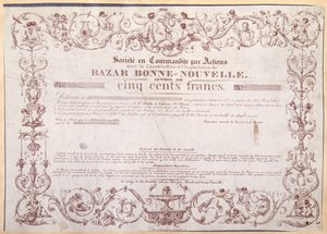 Aktienzertifikat über 500 Francs für den Bazar Bonne-Nouvelle, 1836 von French School