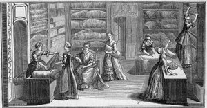 Laden eines „Modehändlers“ im 18. Jahrhundert. Gravur in „La Marine et les colonies: commerce“ von French School