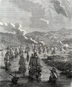 Belagerung von Toulon fand zwischen dem 29. Juli und 21. August 1707 während des Spanischen Erbfolgekriegs statt, als eine alliierte Land- und Seestreitmacht die französische Marinebasis in Toulon belagerte (Gravur) von French School