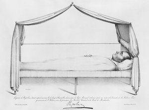 Skizze von Napoleon I. auf seinem Sterbebett, gezeichnet auf St. Helena von Capitaine Marryal, graviert von Bordes