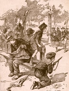 Kleine Jungen spielen Kriegsspiele in Frankreich während des Ersten Weltkriegs. Aus Agenda Buvard du Bon Marche, veröffentlicht 1917.