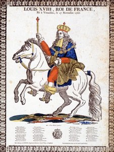 Lied zu Ehren des Königs von Frankreich Louis XVIII, illustriert durch ein Reiterporträt des Königs (Gravur) von French School