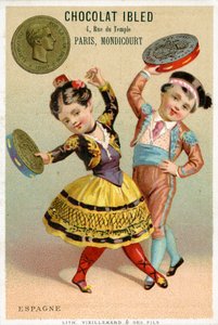 Spanische Kinder tanzen mit Tamburinen aus Peseten, aus einer Serie von Werbekarten über Währungen in verschiedenen Ländern, veröffentlicht in Paris von Vieillemard für Chocolat Ibled, 1886-95