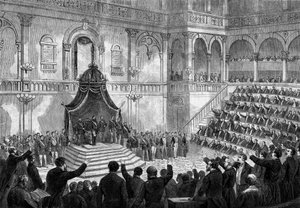 Rede des Königs von Italien Viktor Emanuel II. (Vittorio Emanuele) (Victor-Emmanuel) (1820-1878) zur Eröffnung der Sitzung der italienischen Staaten im Parlament von Turin von French School