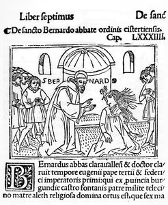 St. Bernhard von Clairvaux exorziert eine besessene Frau, Illustration aus La Vie des Saints, veröffentlicht 1506
