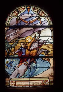 St. Guénolé, Abt von Landévennec, rettet König Gralon während der Überschwemmung der Stadt Ys - Glasfenster der St. Germain Kirche in Kerlaz von French School