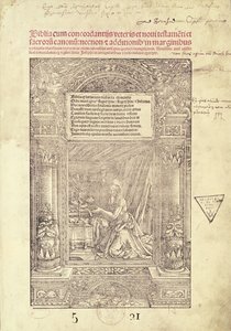 St. Hieronymus in seinem Studiolo, Titelseite einer Bibel, gedruckt von J. Marion, Lyon, 1521