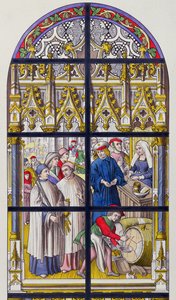 Buntglas aus der Kathedrale von Tournai, das die von den Bischöfen von Tournai erhobenen Steuern auf Bier und Wein darstellt