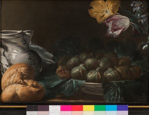 Stillleben mit Feigenteller, Krug, Blumen und Brot, 1740-50 von French School