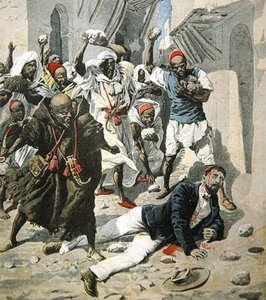 Steinigung von Doktor Emile Mauchamp in Marrakesch, Titelillustration aus Le Petit Journal, 7. April 1907