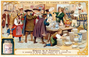 Geschichte des Porzellans Nr. 4: Meißener Porzellan (Sachsen) erschien erstmals auf der Ostermesse in Leipzig im Jahr 1710. Liébig Chromolithographie von French School
