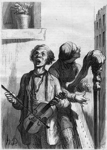 Straßensänger. Karikatur von Honoré Daumier (1808-1879). Gravur in „Le Monde Illustré“ Nr. 297 vom 20. Dezember 1862