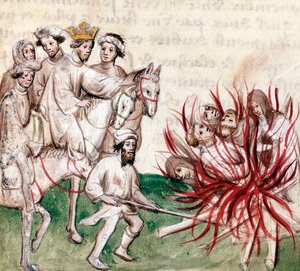 Hinrichtung der Templer: Jacques de Molay, Großmeister des Templerordens, und mehrere seiner Gefährten werden von König Philipp IV., genannt der Schöne, der Häresie und Ausschweifungen beschuldigt und am 4. März hingerichtet von French School