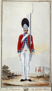 Schweizergarde. Tafel 16 in „Compendium der Militäruniformen der französischen Truppen unter Ludwig XVI.“ Lithographie von 1779. Dim. 0,23x0,16 m. Paris, Armeemuseum von French School