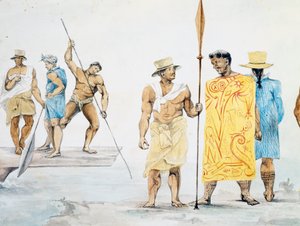 Tahitische Häuptlinge besteigen die Coquille, Entwurf von Jules-Louis Lejeune, basierend auf der Reise um die Welt