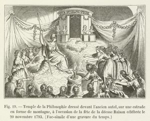 Tempel der Philosophie vor dem alten Altar, auf einer Bühne in Form eines Berges, anlässlich des Festes der Göttin Vernunft gefeiert am 20. November 1793, Faksimile eines zeitgenössischen Stichs