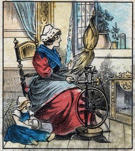 Textil, Leinen. Eine Frau benutzt ein mechanisches Spinnrad, um Leinen zu spinnen. Gravur. Epinal-Bildgebung Ende des 19. Jahrhunderts.