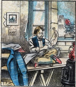 Textil, Leinen. Nähgarn in Stränge geschnitten. Gravur. Epinal-Bildgebung Ende des 19. Jahrhunderts. von French School