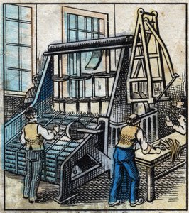 Textil, Leinen: die Werkstatt. Kamm, um das Leinen zu entfernen und zu glätten, das durch das Zeichnen in immer dünnere Bänder verwandelt wird. Gravur. Epinal-Bildgebung Ende des 19. Jahrhunderts. von French School