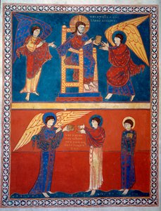 Der Engel erhielt das Buch des Herrn und übergab es dem Heiligen Johannes. Miniatur aus den Kommentaren zur „Offenbarung des Johannes“ geschrieben 775 von dem Mönch Beatus von Liébana von French School