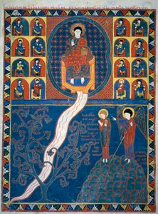 Der Engel zeigt Johannes den Fluss des Lebens, der vom Thron Gottes ausgeht und den Baum des Lebens Miniatur aus den Kommentaren zur „Offenbarung des Johannes“ geschrieben 775 von dem Mönch Beatus von Liebana