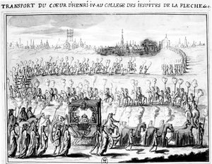 Die Ankunft des Herzens von Heinrich IV. am College von La Flèche am 4. Juni 1610 von French School