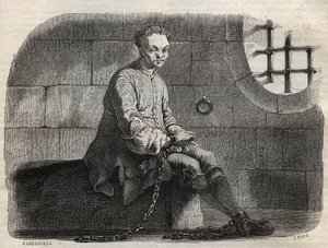 Der Brigant Louis Dominique Garthausen genannt Cartridge (1693-1721) im Gefängnis - Gravur in „Causes celebres de tous les peuples“ von Armand Fouquier (1817-18?) 1858-1867 - private Sammlung