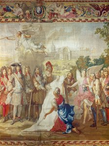 Der Bau von Les Invalides im Jahr 1670, zentrales Detail aus Die Geschichte des Königs, nach Adam Frans Van der Meulen (1632-90) und Charles Le Brun (1619-90) Gobelins Werkstatt