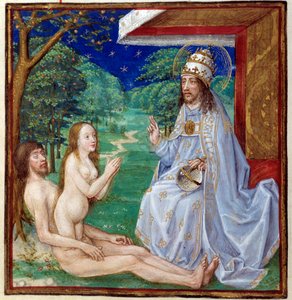 Die Erschaffung Evas aus der Rippe Adams im Garten Eden. Miniatur aus „Der Spiegel des menschlichen Heils“ illuminiert von der französischen Schule des 15. Jahrhunderts. Chantilly, Musée Condé