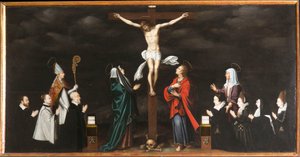 Die Kreuzigung, Porträts der Stifter. Triptychon von Aubery von French School