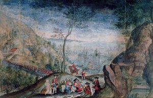 Die Ausschiffung von 50 Soldaten des Karrer Schweizer Regiments in Louisbourg auf der Insel Cap-Breton, zwischen 1722-33