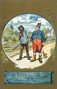 Der Hund und der Wolf, aus Fabeln von Jean de La Fontaine (1621-95) von French School