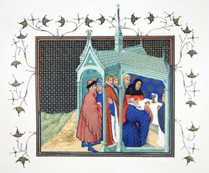 Der Graf von Northumberland bei der Hochmesse in der Kapelle von Schloss Conway, als er seinen verräterischen und tödlichen Eid ablegt, Faksimile-Kopie aus Le Prinse et Mort du Roy Richart von Jean Creton, nachgedruckt im 19. Jahrhundert von French School