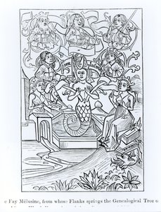 Die Fee Melusine, aus deren Flanken der genealogische Baum der Könige und Kaiser entspringt, Illustration aus Wissenschaft und Literatur im Mittelalter und der Renaissance, geschrieben und graviert von Paul Lacroix von French School