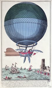 Die erste Kanalüberquerung mit dem Flugzeug von Jean Pierre Francois Blanchard und John Jeffries, 1785 von French School
