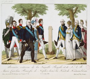 Das erste Treffen zwischen Louis XVIII (1755-1824) und Marie-Caroline-Ferdinande (1798-1870) von Bourbon, an der Croix de St. Herem im Wald von Fontainebleau, 15. Juni 1816, 1816-30 von French School