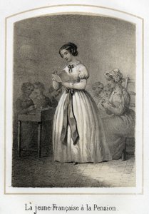 Das französische Mädchen liest ihren Klassenkameraden vor. Anonyme Gravur des 19. Jahrhunderts von French School