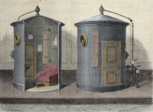 Die hyperbare Kammer von Paul Bert (1833-1887), Physiologe und französischer Politiker. Gravur von 1855. von French School