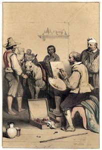 Der italienische Maler Antonio Allegri (bekannt als Correggio oder Le Correge 1489-1534), signiert ein Wirtshausschild, um seine Mahlzeit zu bezahlen. Platte aus "Szenen aus dem Leben berühmter Männer", Gravur in zwei Farben von Valerio. 1843