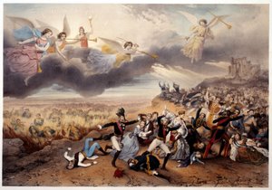 Das Jüngste Gericht. Die Engel der Apokalypse blasen die Trompeten und verkünden das Jüngste Gericht vor den Monarchen und anderen Protagonisten der französischen Geschichte. Napoleon I und Vertreter des Ancien Régime brennen in den Flammen der Hölle. Illu