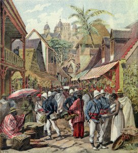 Die Madagaskar-Expedition, französische Soldaten in einer Straße in Tananarive, aus Le Petit Journal, 27. Oktober 1895 von French School