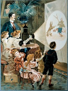 Die Zauberlaterne in der Familie Kinder schauen auf die Zauberlaternenleinwand, 20. Jahrhundert (Chromolithographie) von French School