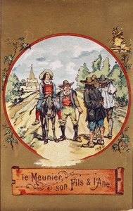 Der Müller, sein Sohn und der Esel, ca. 1880 (farbige Gravur) von French School