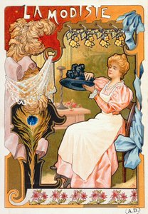 Die Modistin, aus einer Serie von Lithografien, die verschiedene Berufe darstellen, 1899 von French School