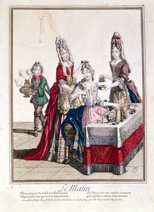 Der Morgen, Dame bei ihrer Toilette, 2. Hälfte des 17. Jahrhunderts (Farbgravur) von French School